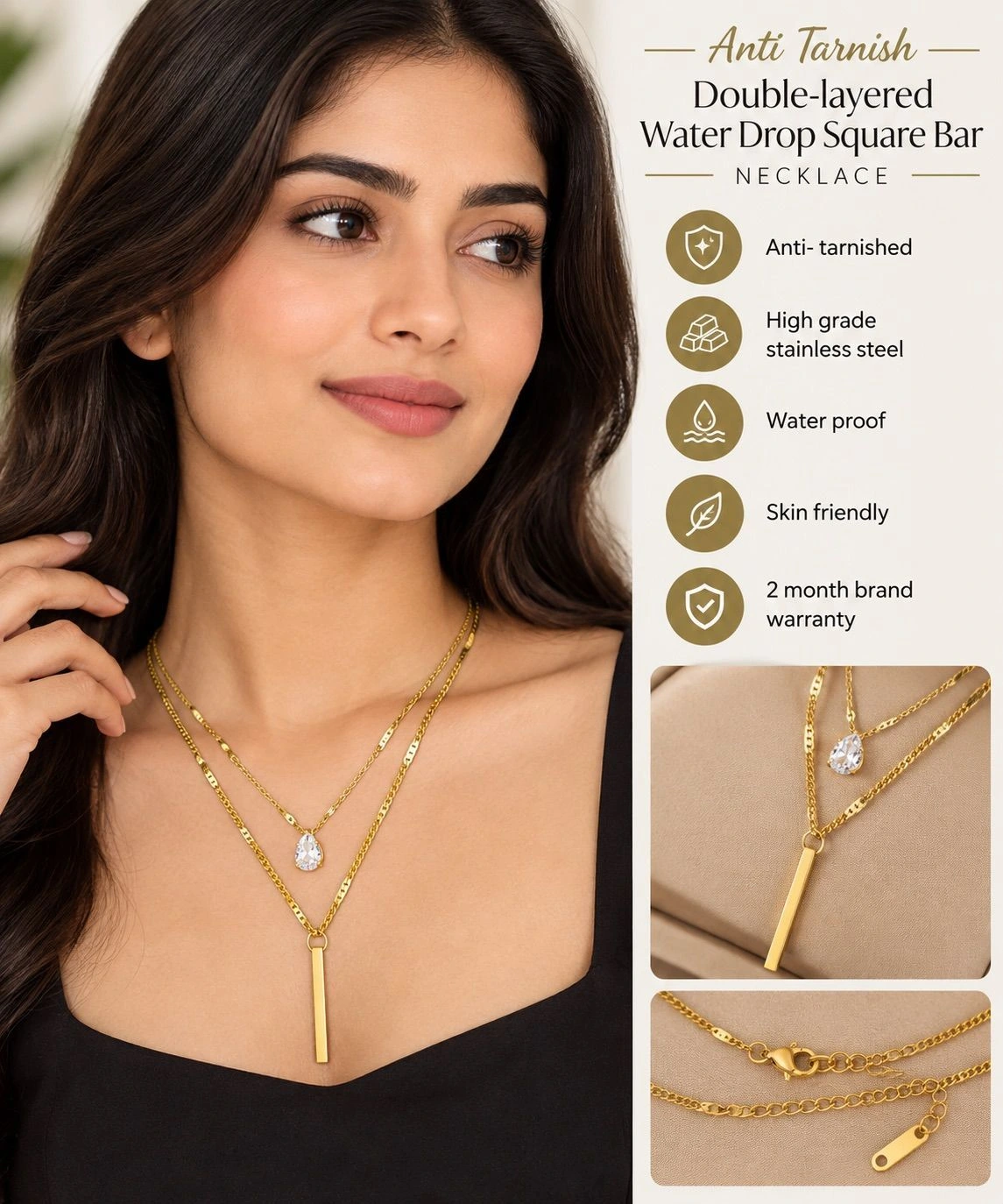 Anti Tarnish Double-layered water drop square bar necklace 2