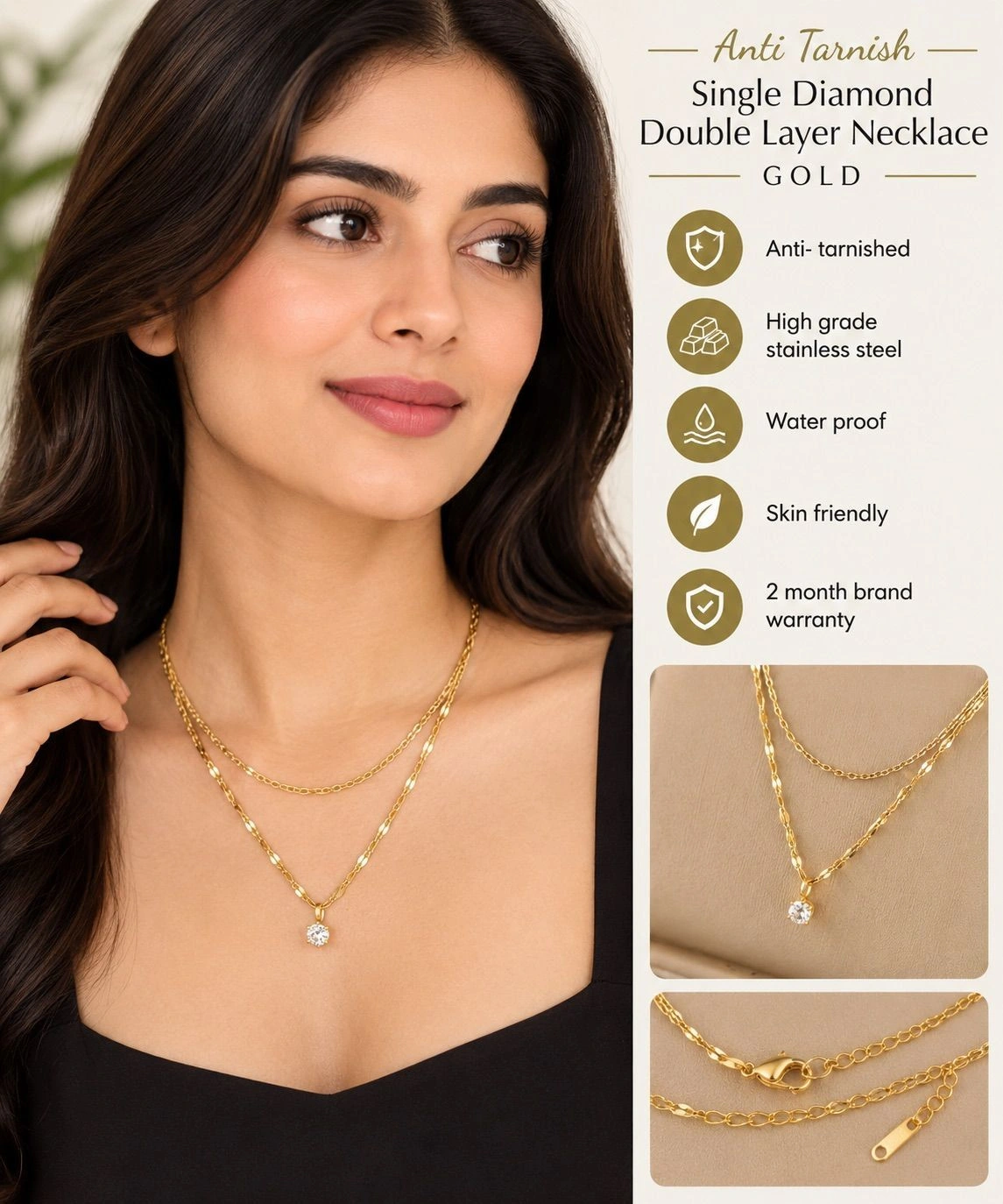 Anti Tarnish Single diamond double layer necklace - Gold 3