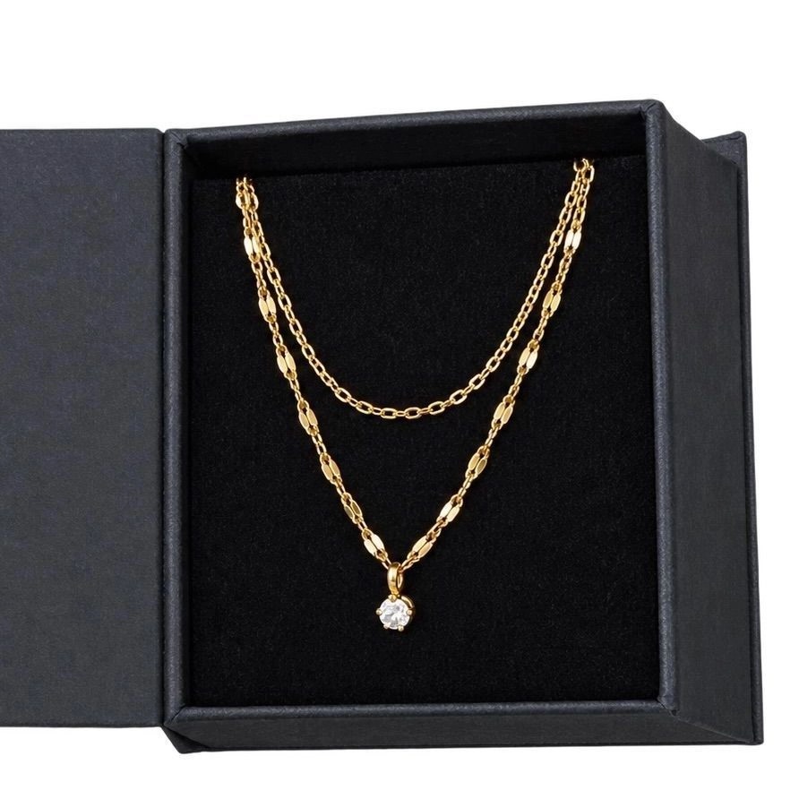 Anti Tarnish Single diamond double layer necklace - Gold 4