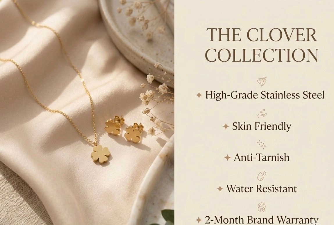 Anti Tarnish Four-leaf clover earring and necklace set -gold 4