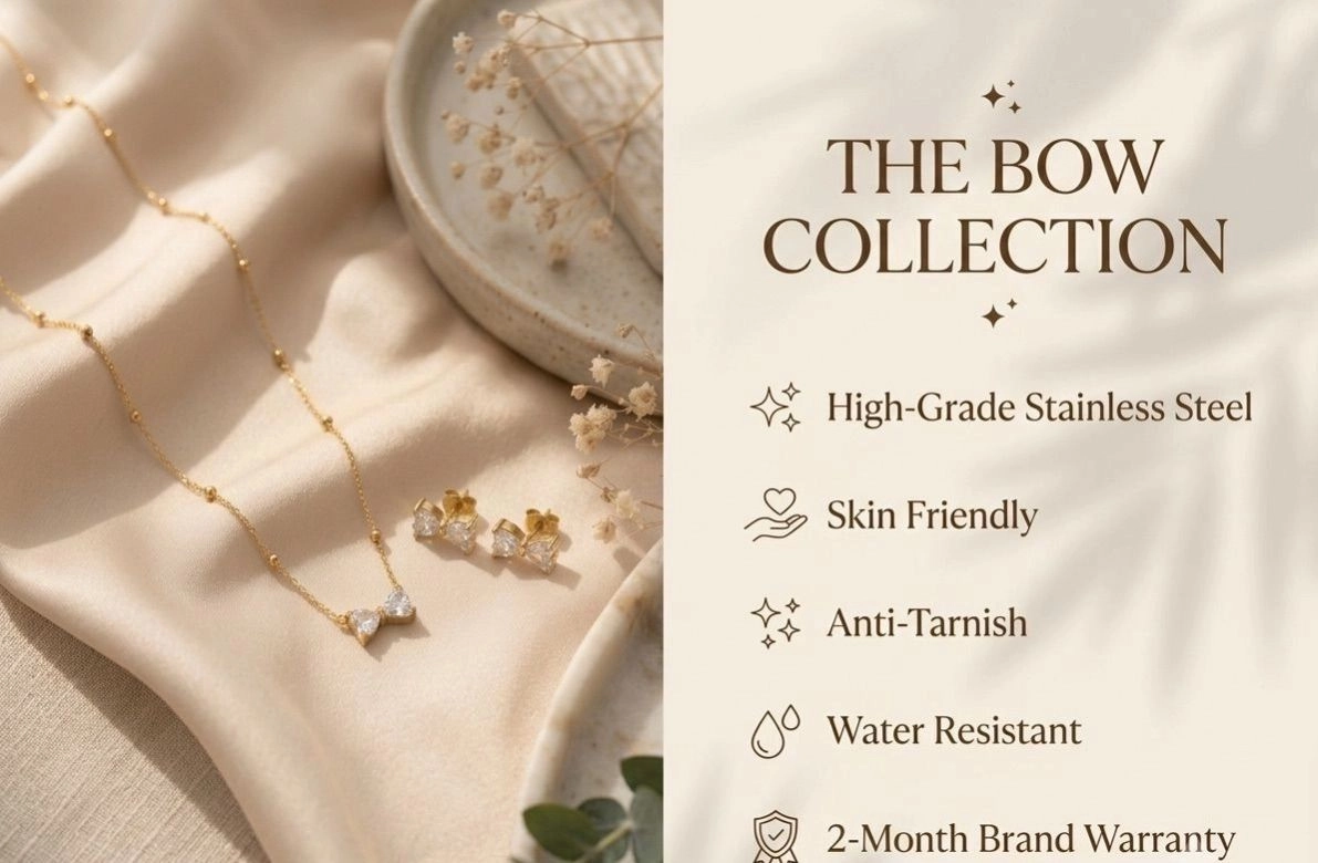 Anti-Tarnish Zircon Bow Earring & Necklace Set – Gold 3
