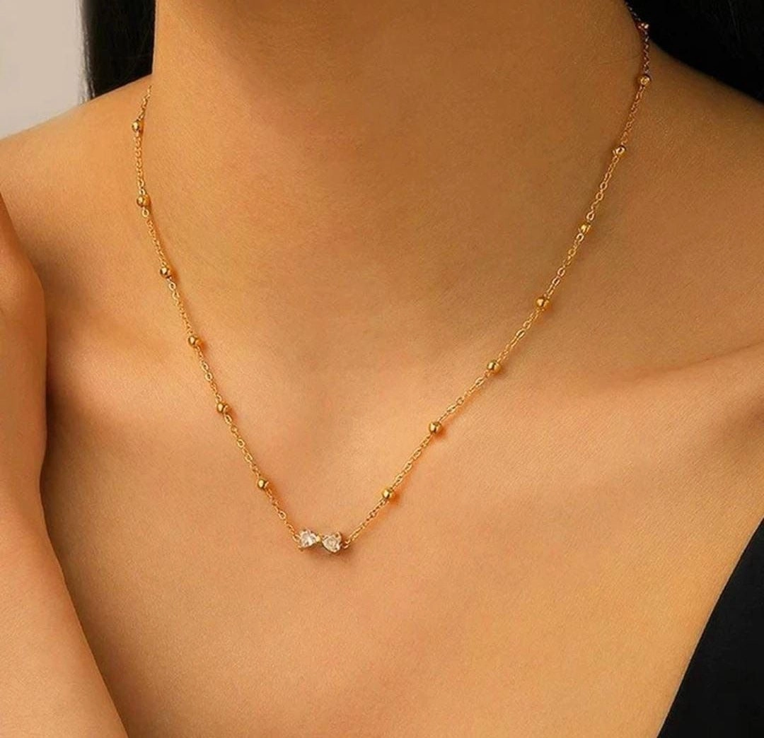 Anti-Tarnish Zircon Bow Earring & Necklace Set – Gold 4