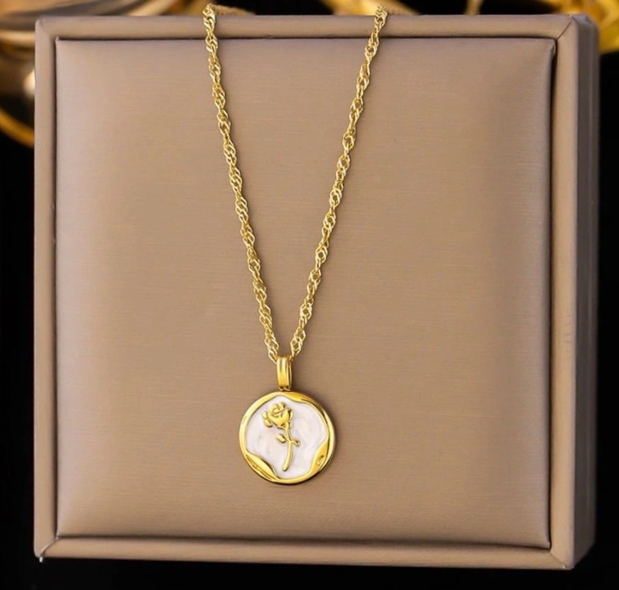 Anti Tarnish White glazed rose necklace - Gold 3