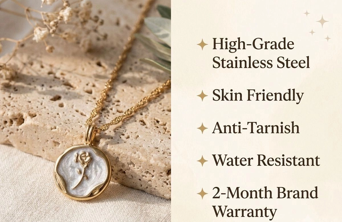 Anti Tarnish White glazed rose necklace - Gold 2