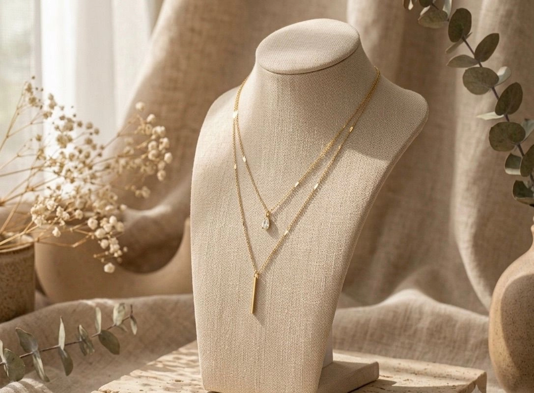 Anti Tarnish Double-layered water drop square bar necklace 1