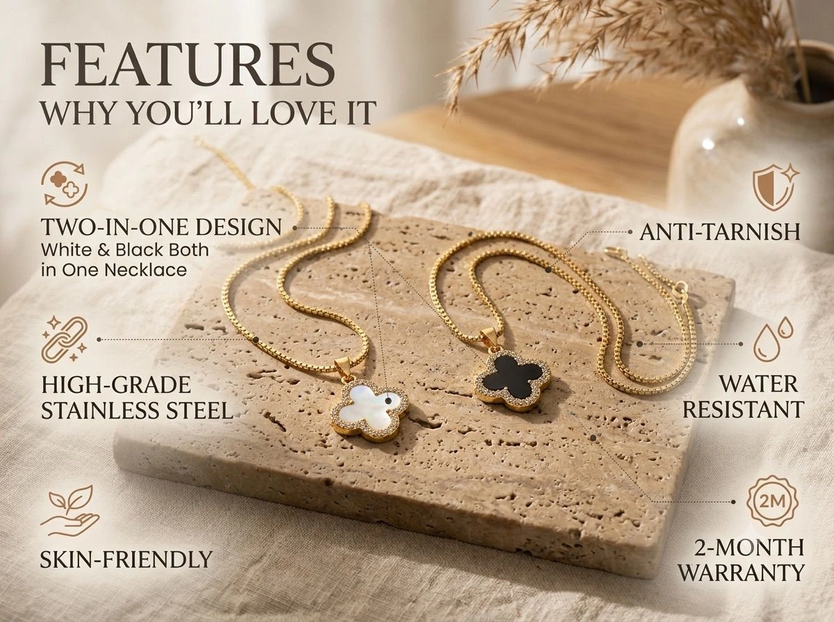Anti Tarnish Black and white four-leaf clover box chain necklace -gold 2