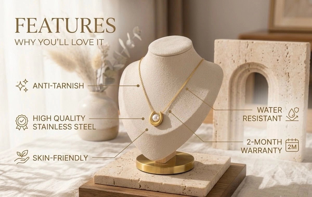 Anti Tarnish U-shaped pearl necklace-Gold 2