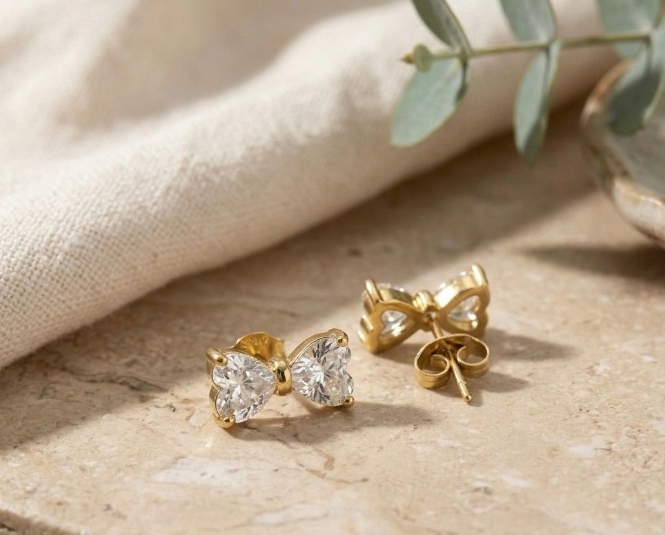Anti-Tarnish Zircon Bow Earring & Necklace Set – Gold 2