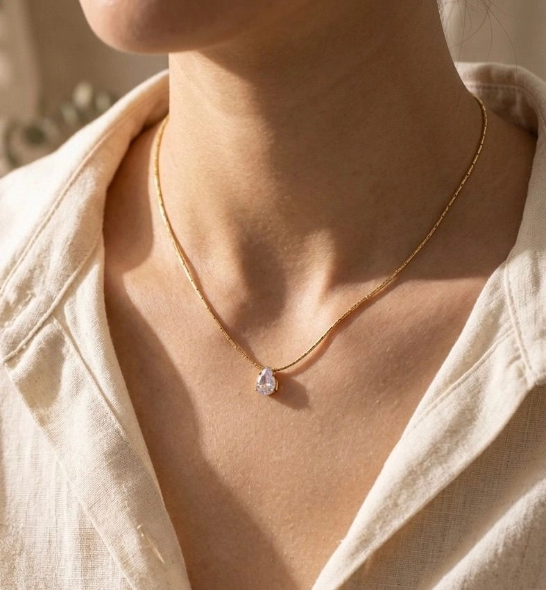 Anti Tarnish Round link chain drop-shaped necklace-gold 1