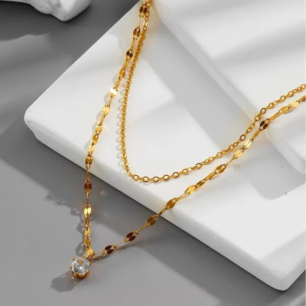 Anti Tarnish Single diamond double layer necklace - Gold 1