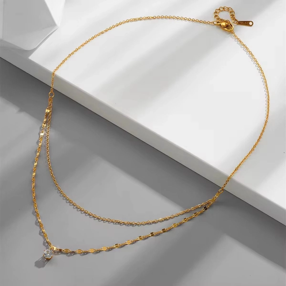 Anti Tarnish Single diamond double layer necklace - Gold 2