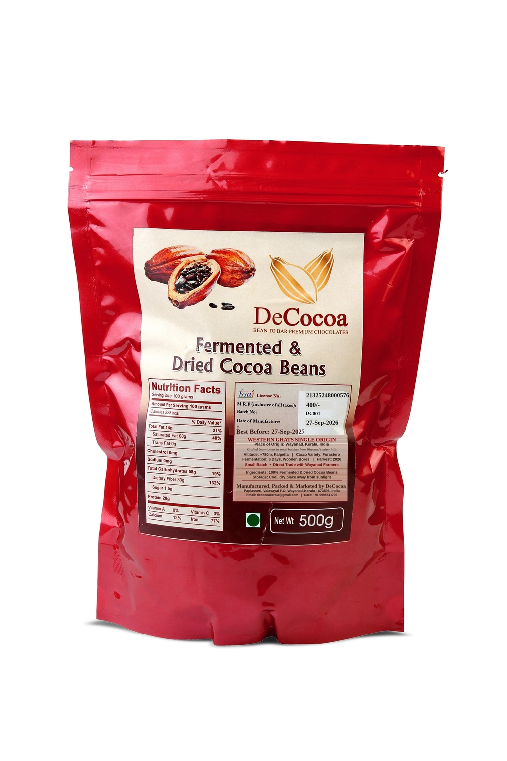 DeCocoa Fermented & Dried Cocoa Beans – Wayanad Single Origin (500g) 1