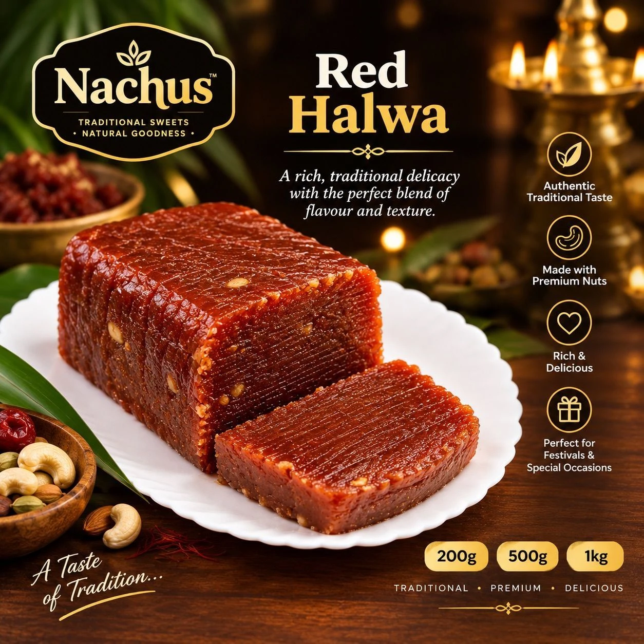 Kerala Traditional Red Halwa – 1kg | Authentic Kozhikode Style Dessert | Made with Pure Coconut Oil | Rich & Chewy Texture | South Indian Sweet Treat