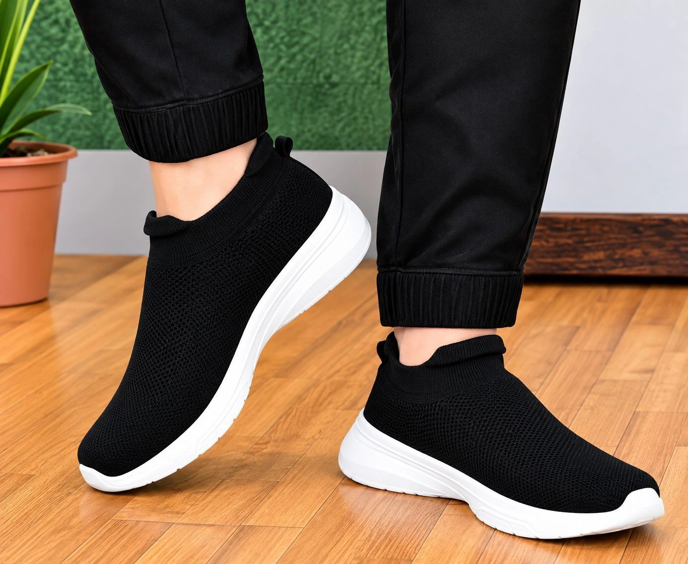 Men's Black Lightweight Slip-On Sports Shoes