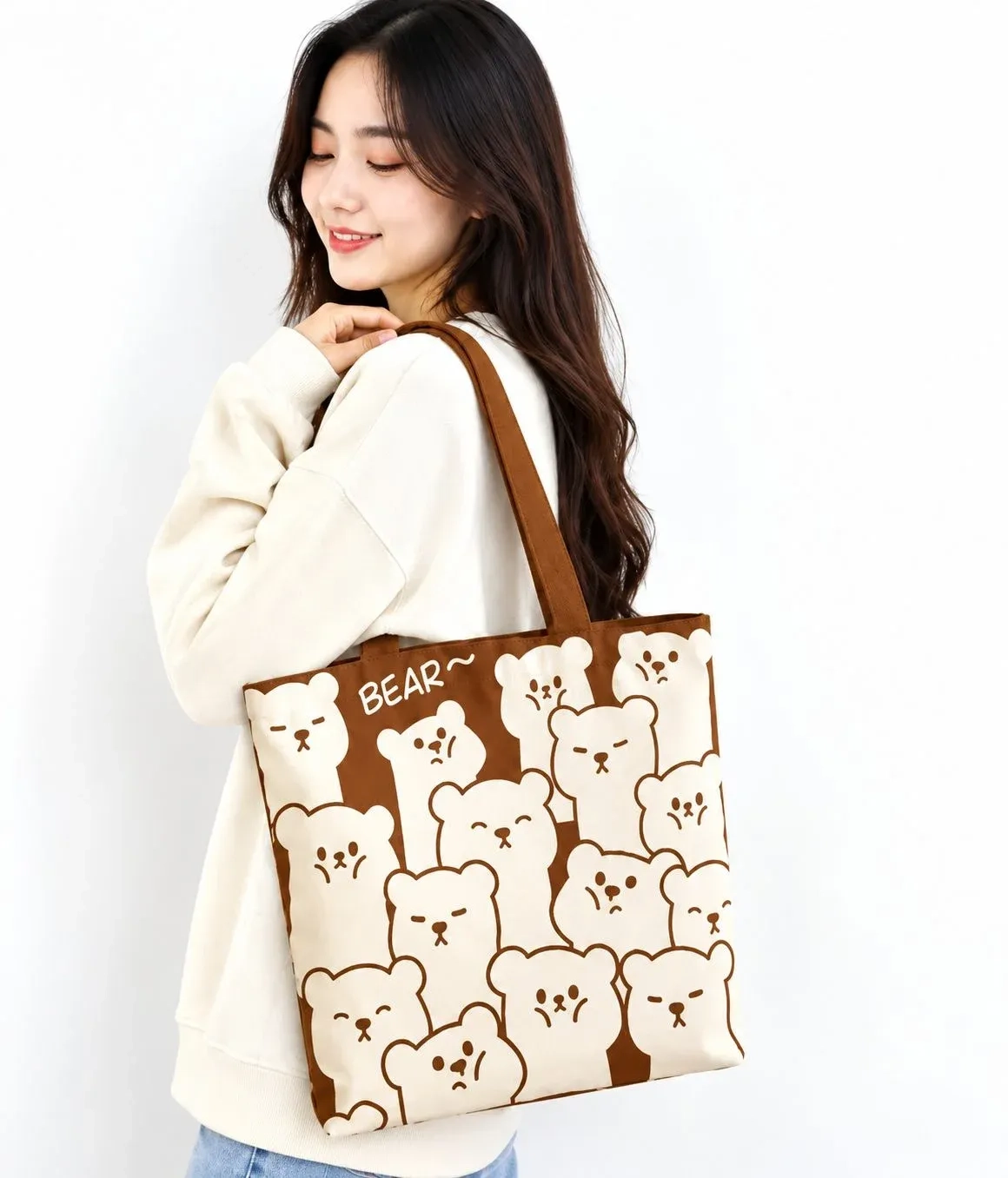Women's Brown Bear Print Canvas Tote Bag 1