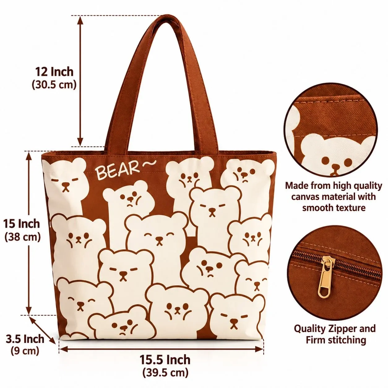 Women's Brown Bear Print Canvas Tote Bag 4