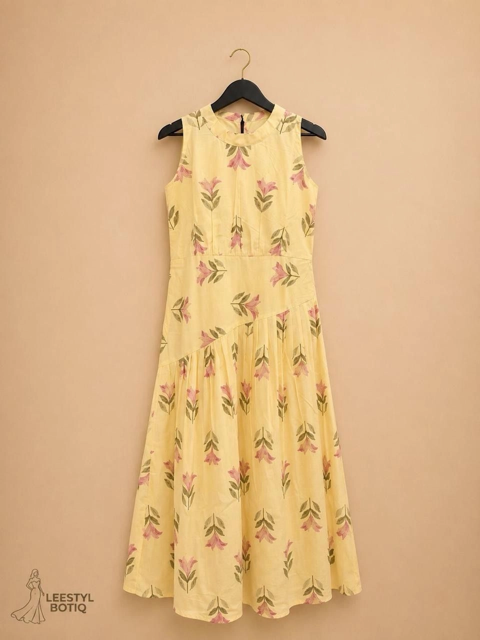 Yellow Floral Cotton Flared Dress
