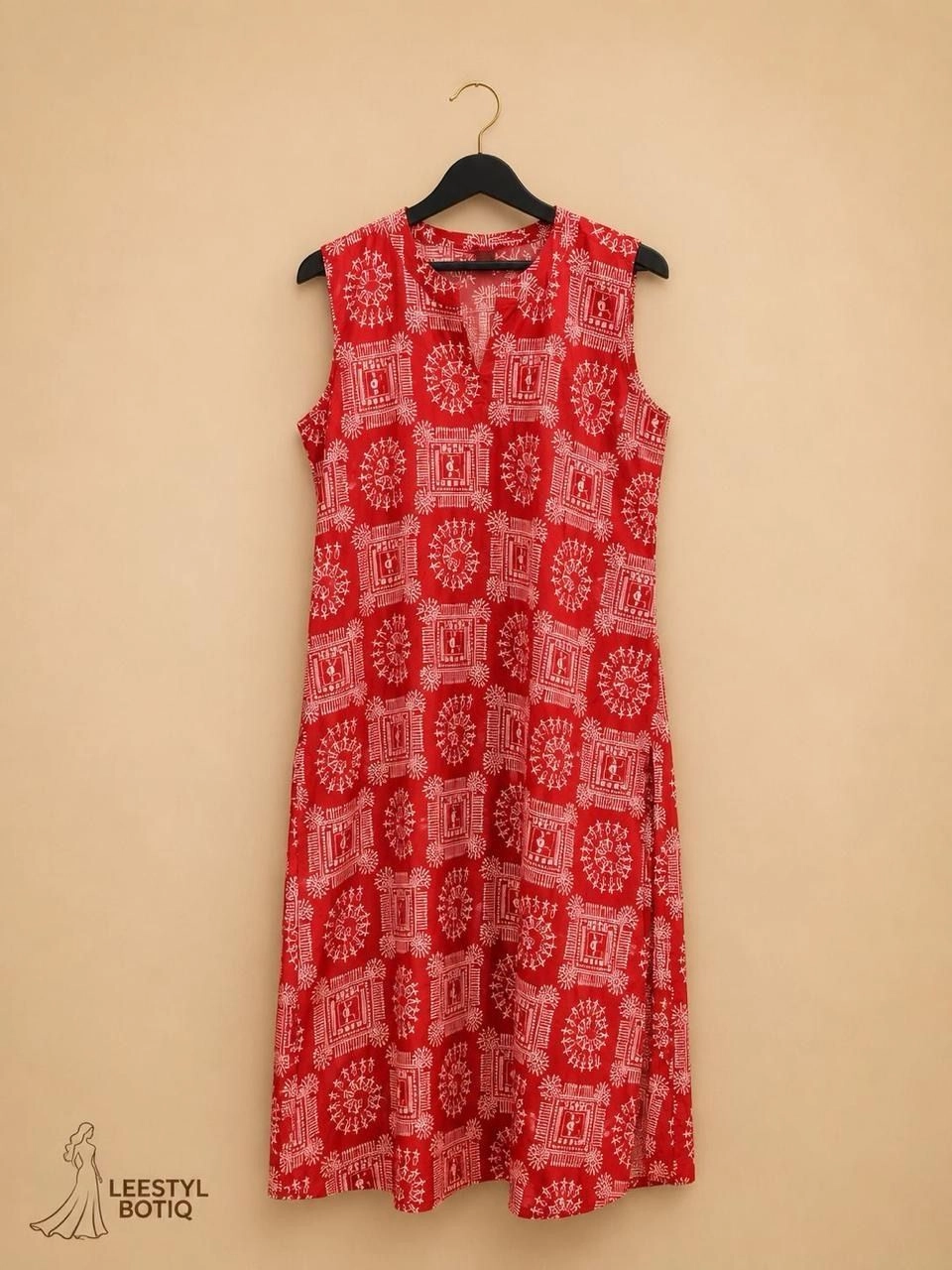 Red Printed Cotton Sleeveless Kurti