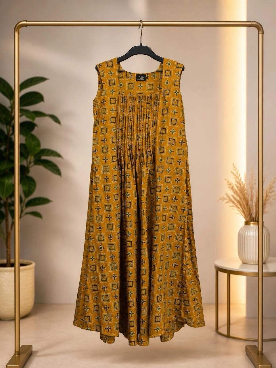 Mustard Printed Cotton Dress