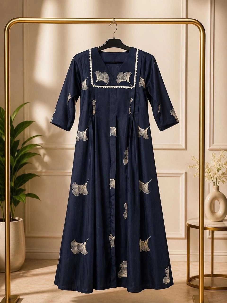 Navy Blue Printed Flared Dress