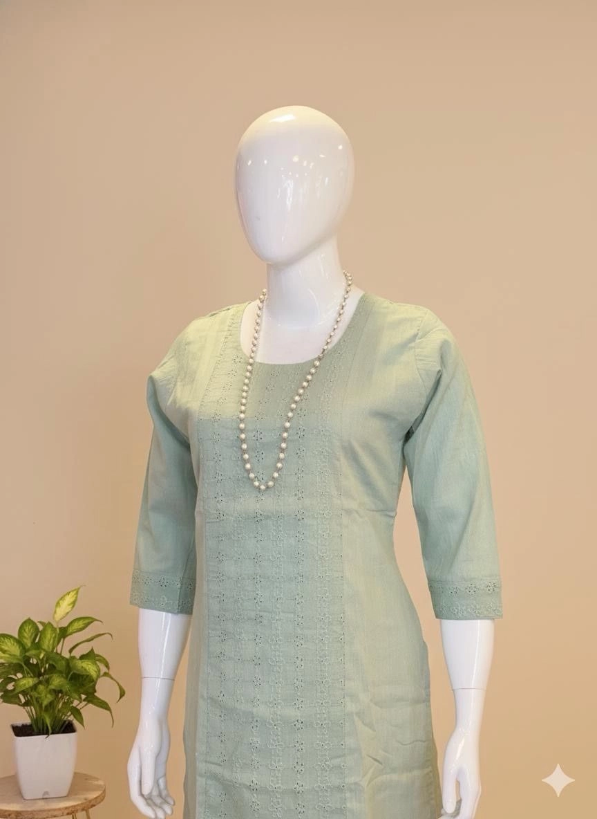 Pastel Green Embroidered Cotton Kurti