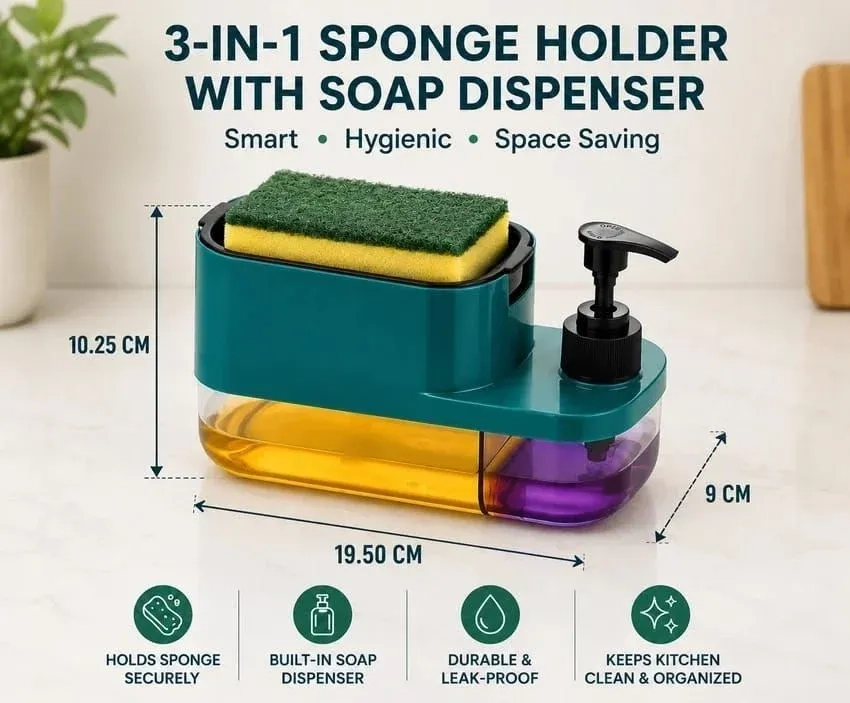 3 in 1 Kitchen Sink Soap Dispenser Sponge Holder Liquid Dish/Handwash Dispenser Sink Sponge Holder (Plastic) 1