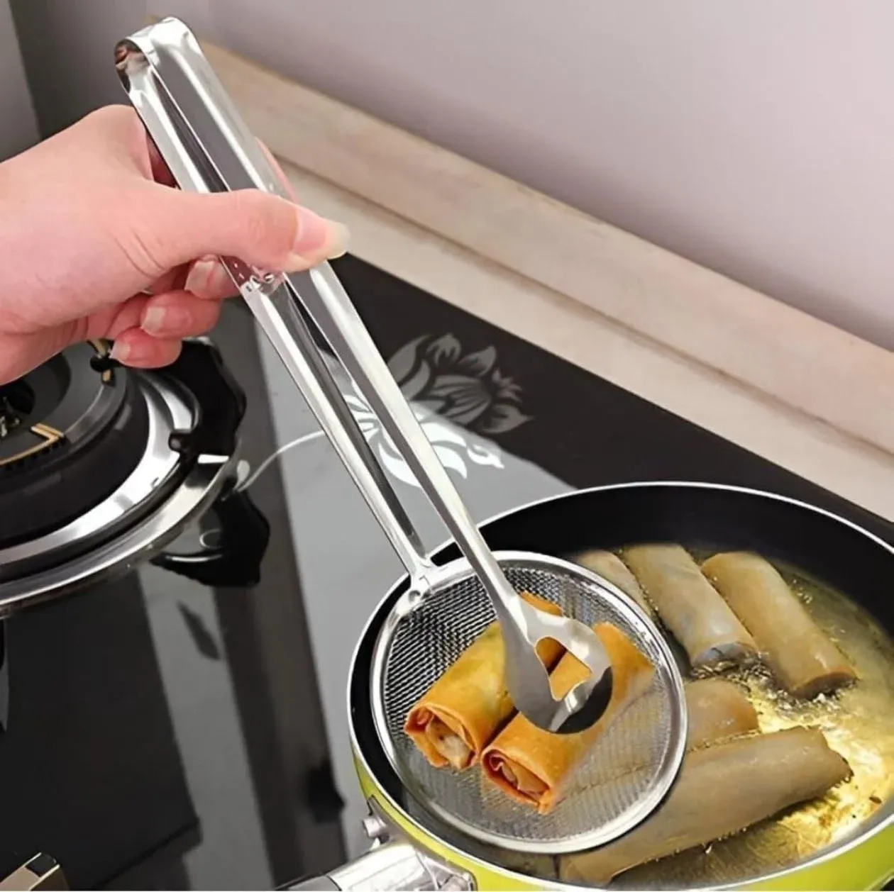 Multi-Functional Frying Tong 2 in 1 Fry Tool Filter Spoon Frying Strainer with Clip, Oil Frying BBQ Filter Stainless Steel Filter Spoon and Clip [ 3