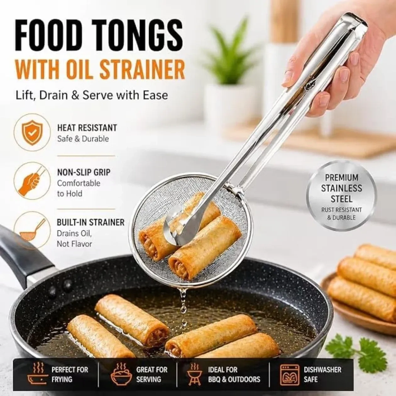 Multi-Functional Frying Tong 2 in 1 Fry Tool Filter Spoon Frying Strainer with Clip, Oil Frying BBQ Filter Stainless Steel Filter Spoon and Clip [ 1