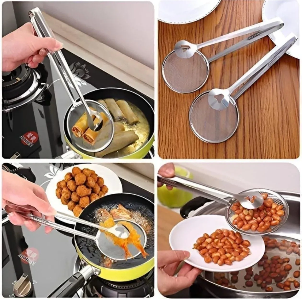 Multi-Functional Frying Tong 2 in 1 Fry Tool Filter Spoon Frying Strainer with Clip, Oil Frying BBQ Filter Stainless Steel Filter Spoon and Clip [ 4