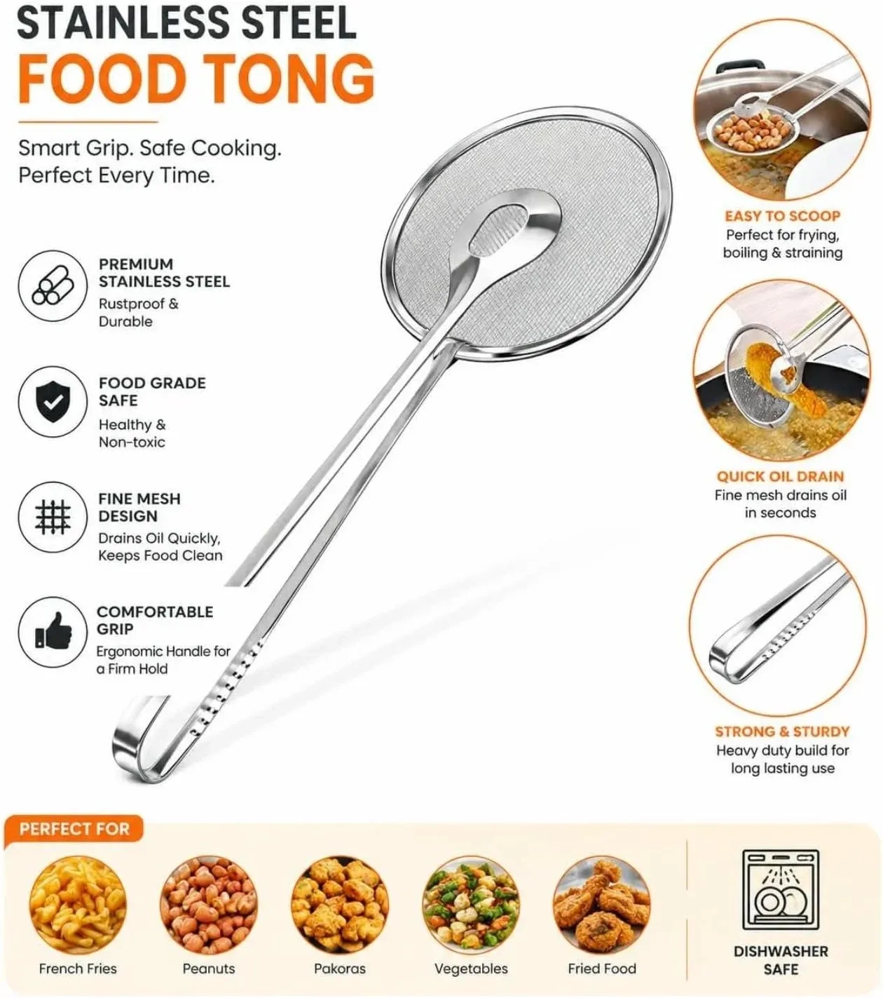 Multi-Functional Frying Tong 2 in 1 Fry Tool Filter Spoon Frying Strainer with Clip, Oil Frying BBQ Filter Stainless Steel Filter Spoon and Clip [ 6