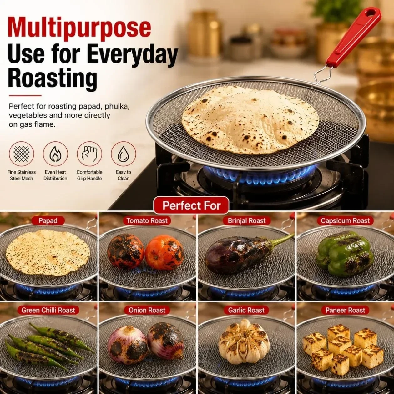 Phulka grill for gas stove | Jali for kitchen cooking |pulka grill for home gas stove | Gas Grill Tawa, Papad & Brinjal Roaster | 2