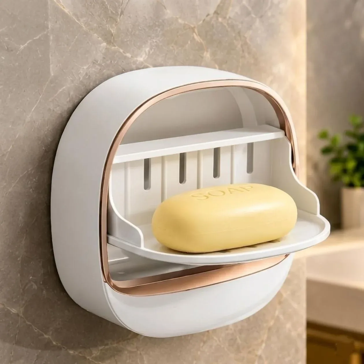Wall Mounted Soap Holder with Lid, Self-Draining Soap Case, No Drill Soap Dish Holder, Dust-Proof Bathroom Soap Box, Adhesive Soap Holder for Bathroom & Kitchen (White, Pack of 2) 2
