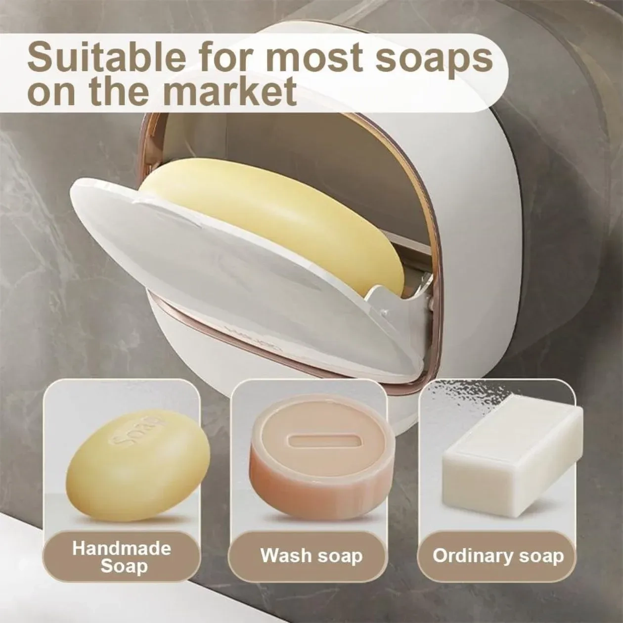 Wall Mounted Soap Holder with Lid, Self-Draining Soap Case, No Drill Soap Dish Holder, Dust-Proof Bathroom Soap Box, Adhesive Soap Holder for Bathroom & Kitchen (White, Pack of 2) 5