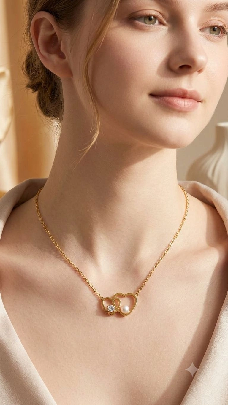 Double heart with pearl and stone necklace