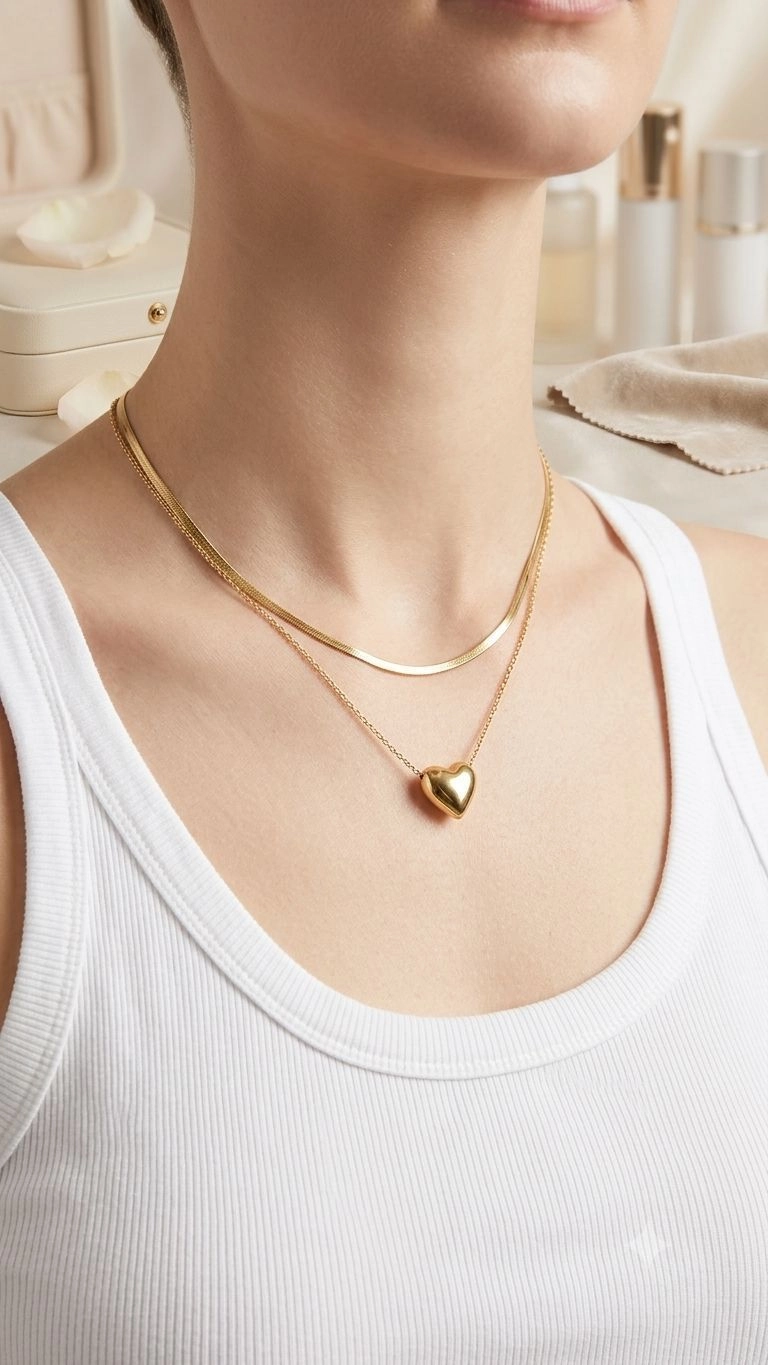 Double layer snake chain and heart necklace