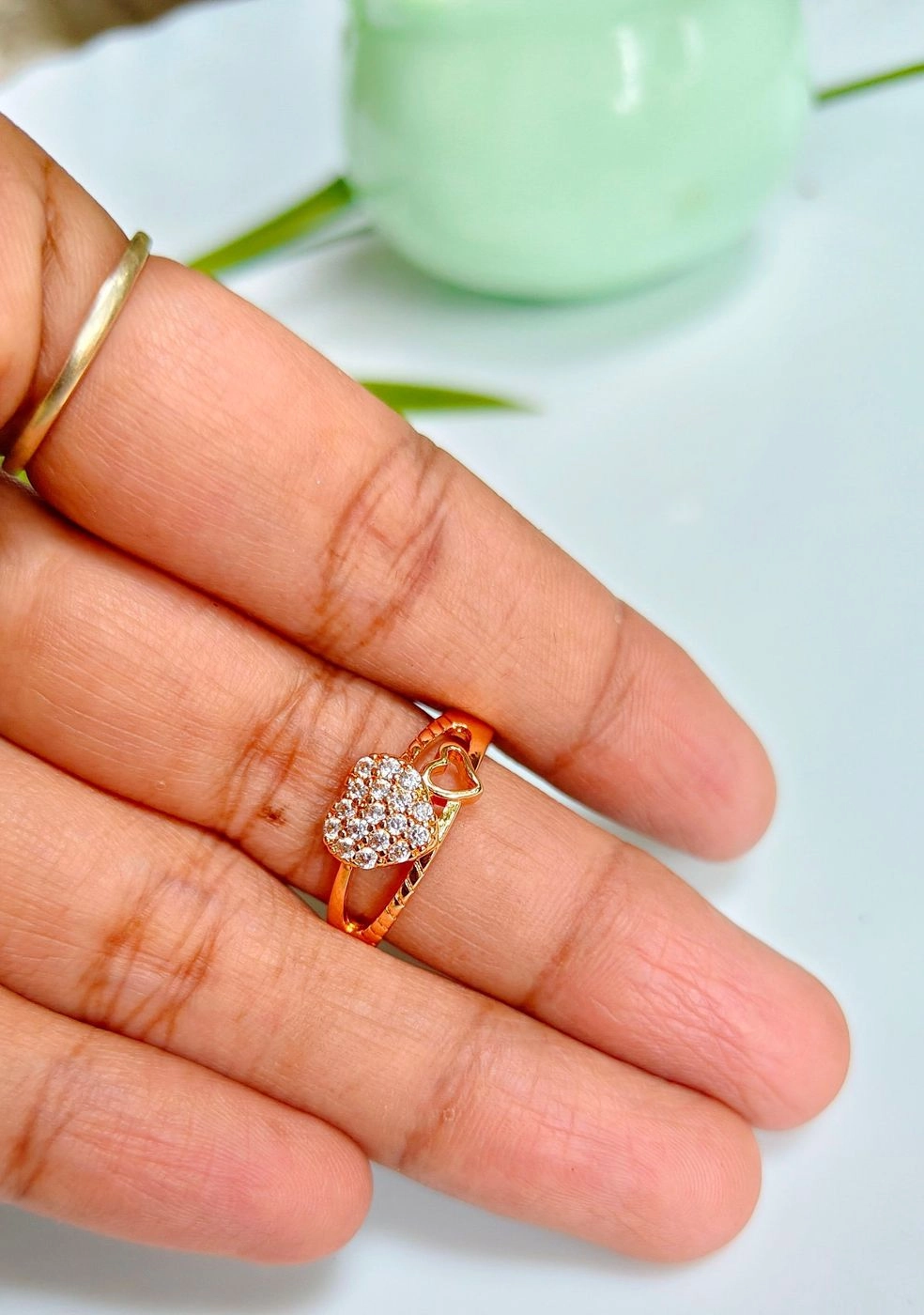 Rose gold stones heart adjustable ring 2