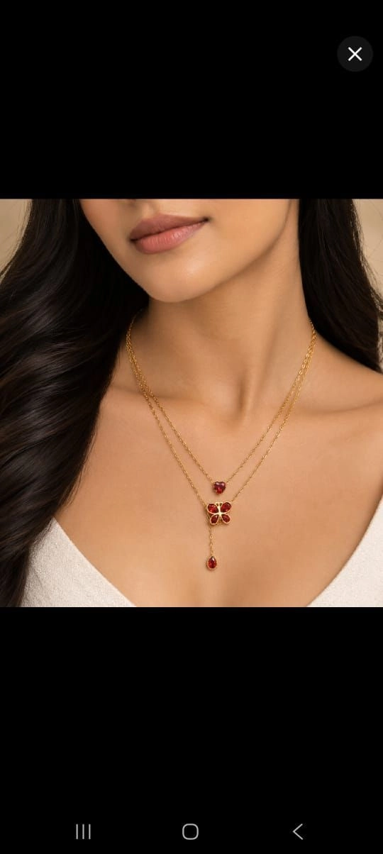 2 layer hanging red stone butterfly necklace