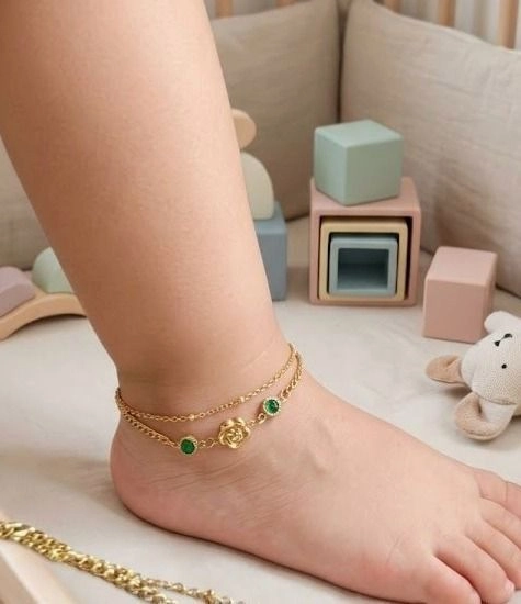 Double layer rose and green stone kids Anklets