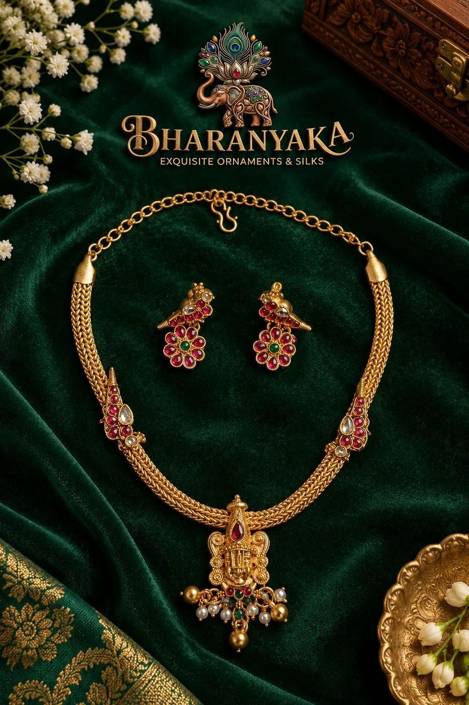 Antique Temple Ruby & Green Stone Necklace Set