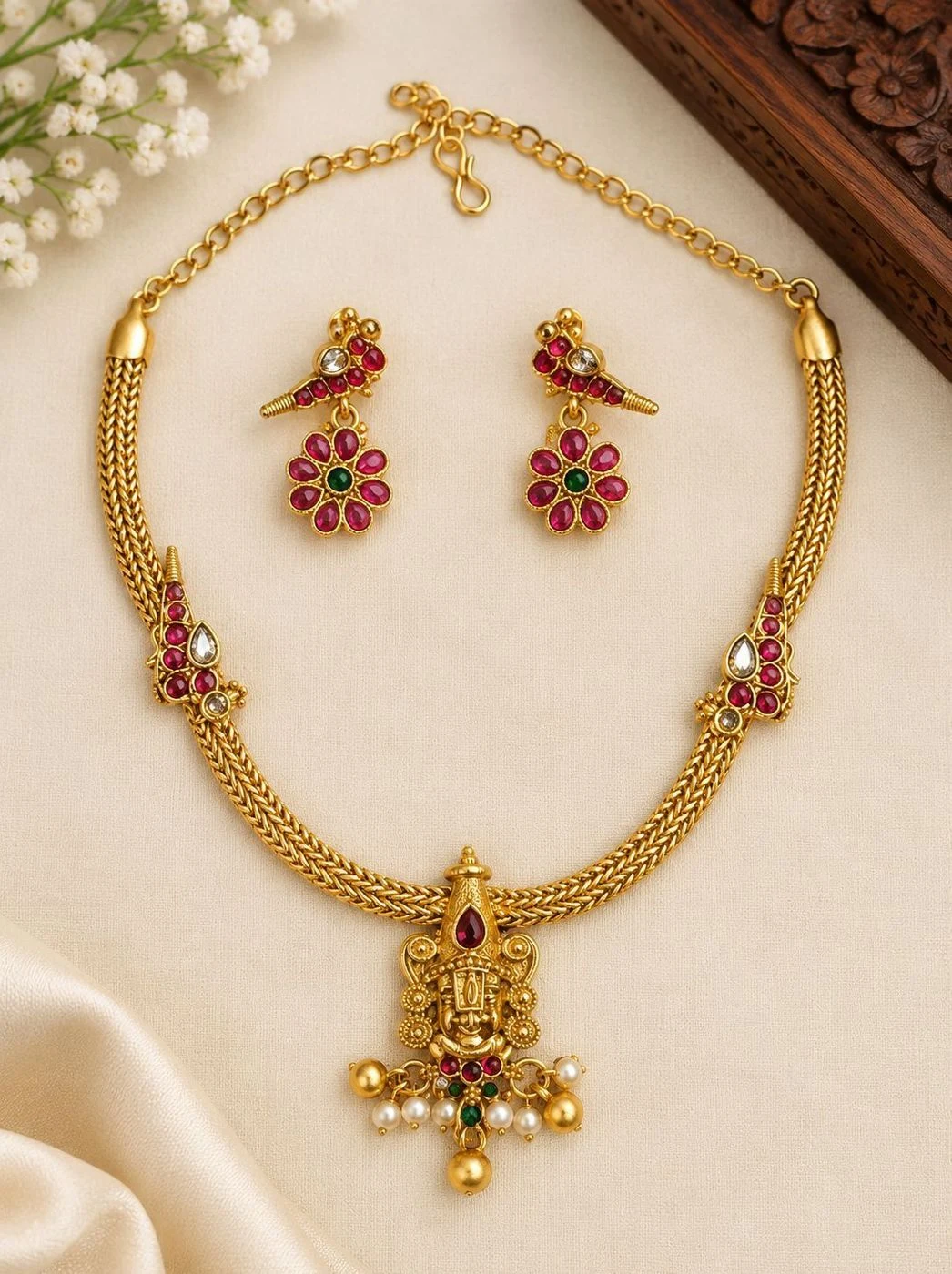 Antique Temple Ruby & Green Stone Necklace Set