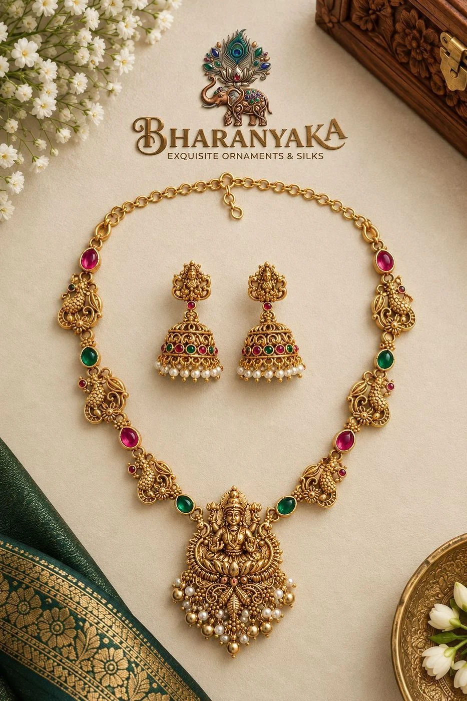 Antique Lakshmi Peacock Kemp Stone Necklace Set