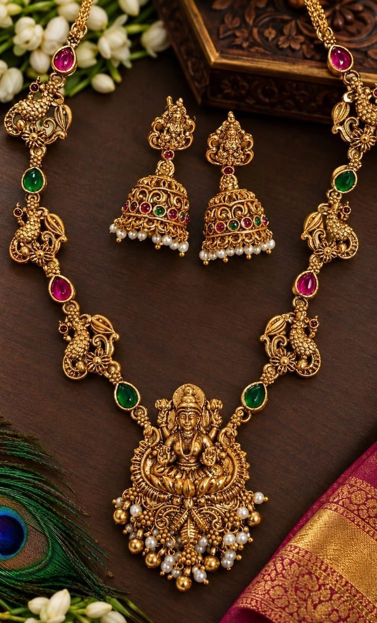 Antique Lakshmi Peacock Kemp Stone Necklace Set 3