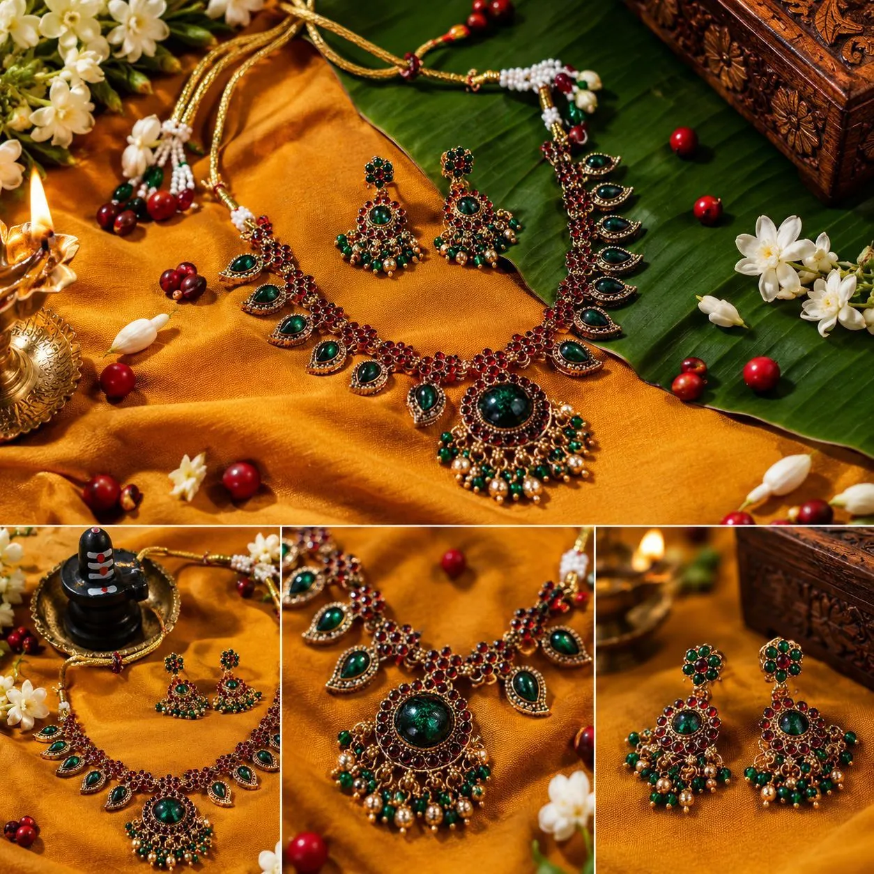 Antique Temple Ruby & Green Stone Necklace Set 3