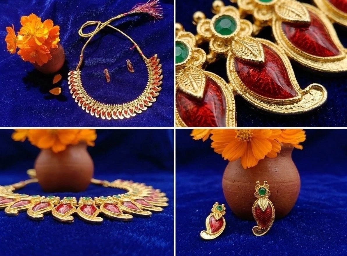 Traditional Ruby & Emerald Mango Necklace with Earrings Set 1