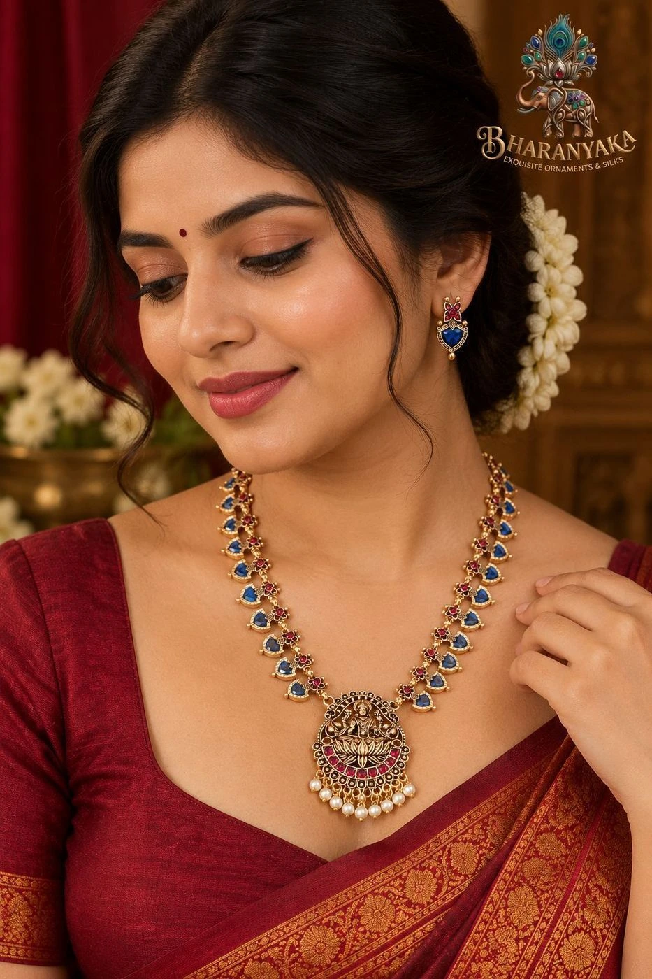 Traditional Lakshmi Pendant Gold-Toned Blue Stone Necklace Set 1