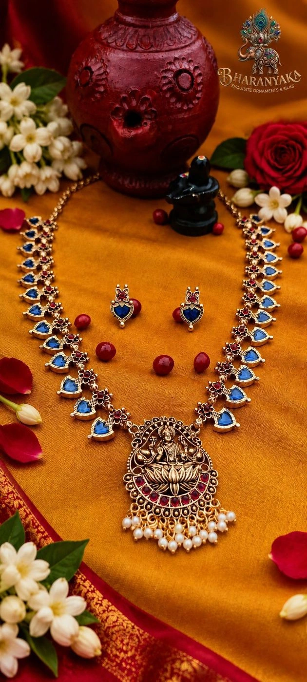 Traditional Lakshmi Pendant Gold-Toned Blue Stone Necklace Set 2