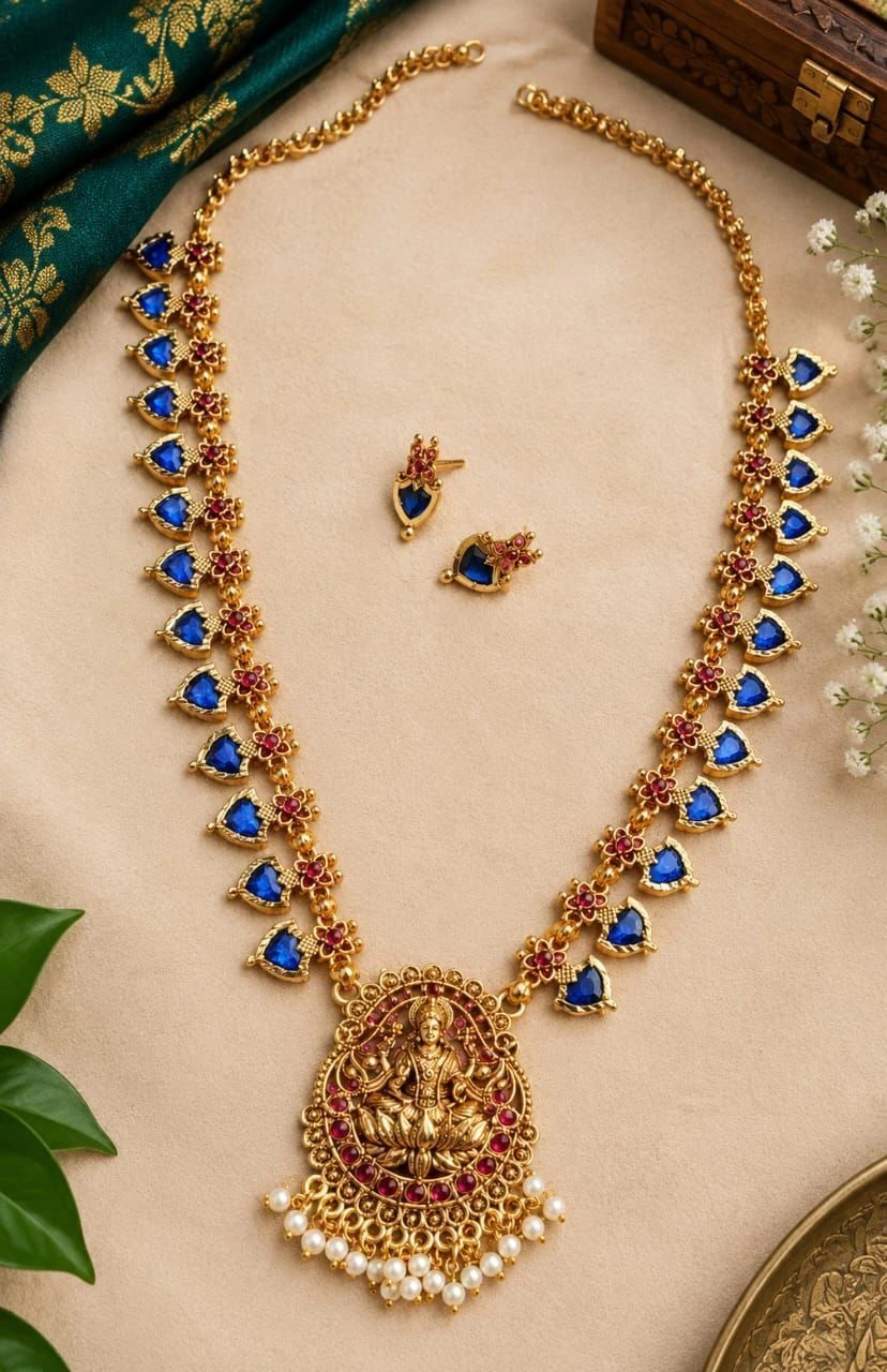 Traditional Lakshmi Pendant Gold-Toned Blue Stone Necklace Set 3