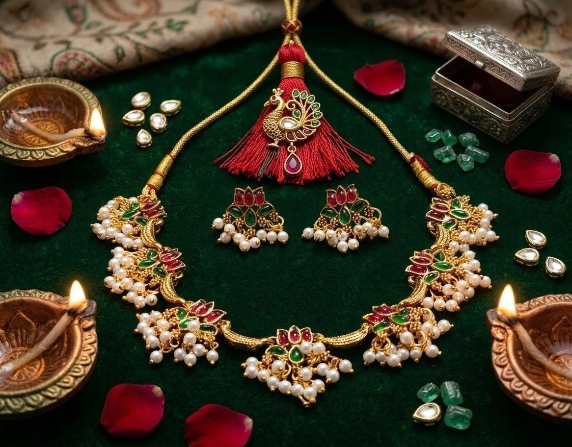 Traditional Pearl and Stone Gold-Toned Necklace Set 1