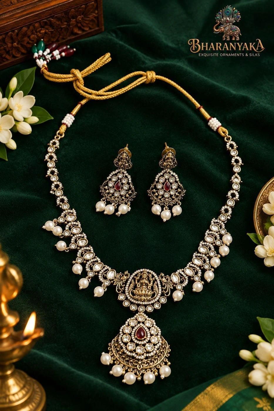 Antique Gold Plated Goddess Lakshmi Temple Necklace Set with Ruby Stone & Pearls 1