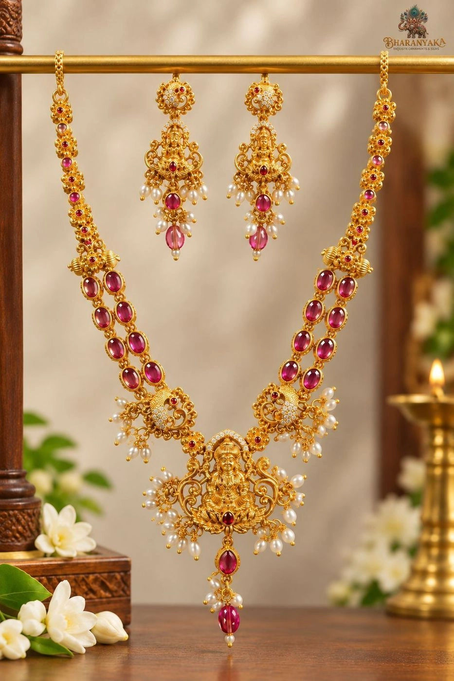 Gold Plated Goddess Lakshmi Temple Necklace Set with Ruby Stones & Pearl Clusters 1